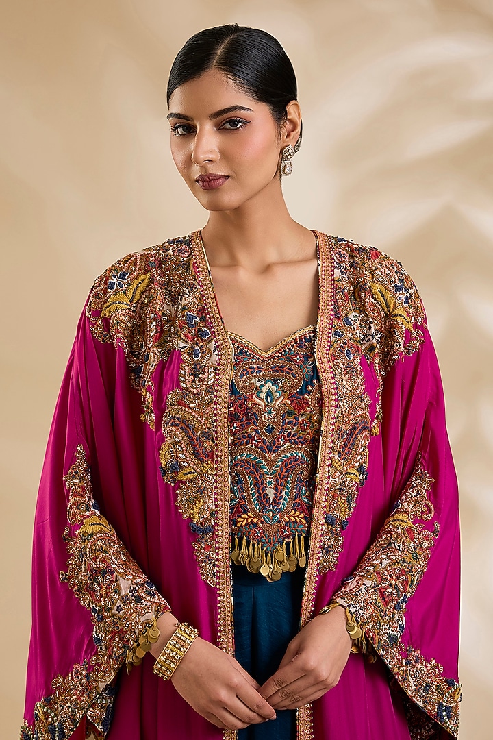 Magenta Silk Hand & Machine Embroidered Cape Set by Debyani at Pernia's Pop Up Shop