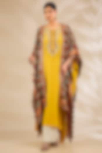 Mustard Silk Embroidered & Printed Cape Set by Debyani at Pernia's Pop Up Shop