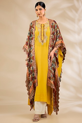 Mustard Silk Embroidered & Printed Cape Set by Debyani