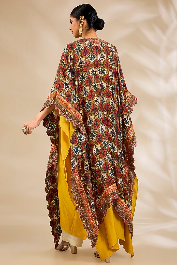 Mustard Silk Embroidered & Printed Cape Set by Debyani at Pernia's Pop Up Shop