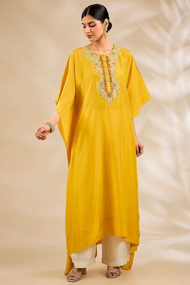 Mustard Silk Embroidered & Printed Cape Set by Debyani at Pernia's Pop Up Shop