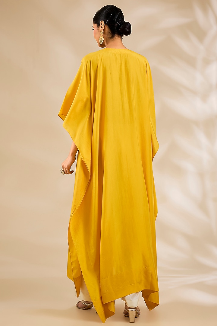 Mustard Silk Embroidered & Printed Cape Set by Debyani at Pernia's Pop Up Shop