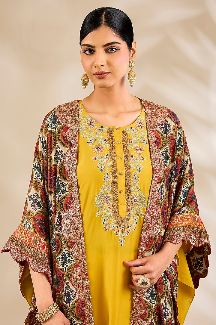 Mustard Silk Embroidered & Printed Cape Set by Debyani at Pernia's Pop Up Shop