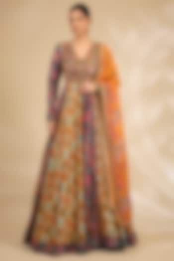 Multi-Colored Chanderi Floral Printed Bridal Anarkali Set by Debyani at Pernia's Pop Up Shop