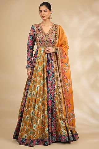 Multi-Colored Chanderi Floral Printed Anarkali Set by Debyani