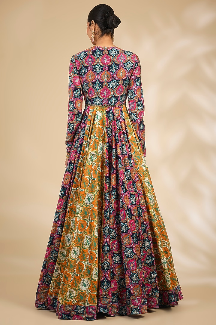 Multi-Colored Chanderi Floral Printed Bridal Anarkali Set by Debyani at Pernia's Pop Up Shop
