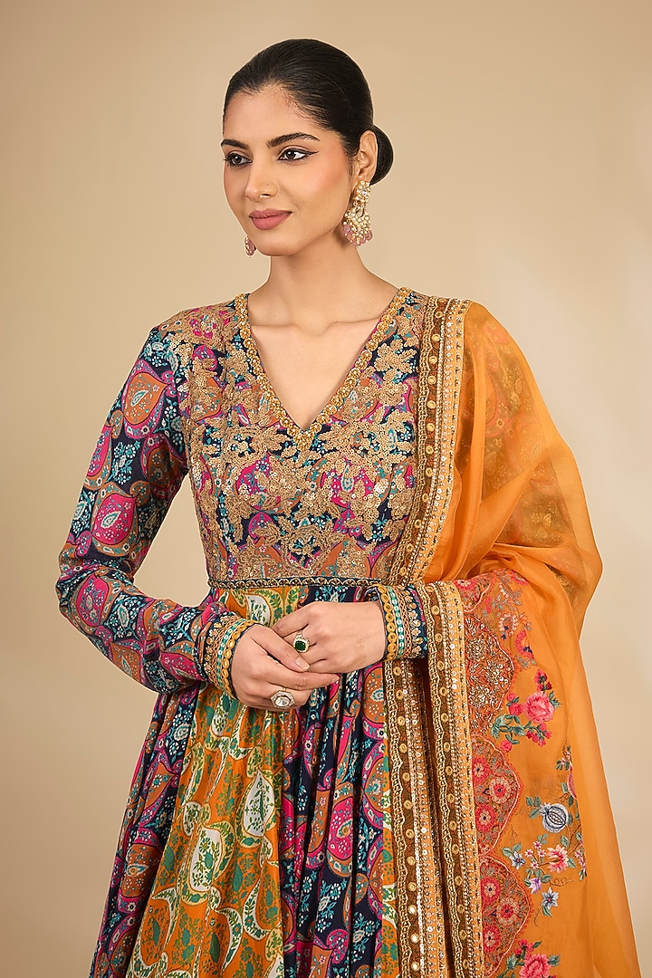Multi-Colored Chanderi Floral Printed Bridal Anarkali Set by Debyani at Pernia's Pop Up Shop