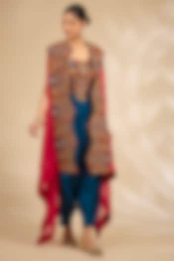Multi-Colored Silk Hand & Machine Embroidered Cape Set by Debyani at Pernia's Pop Up Shop
