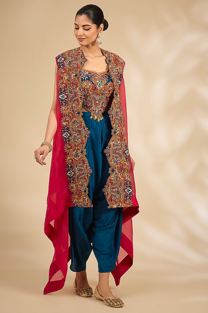 Multi-Colored Silk Hand & Machine Embroidered Cape Set by Debyani at Pernia's Pop Up Shop