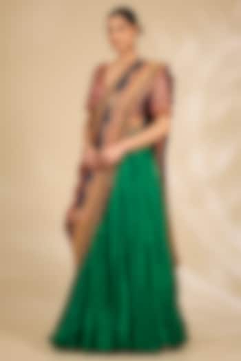 Green Chanderi Crushed Skirt Reception Saree Set by Debyani at Pernia's Pop Up Shop