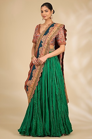 Green Chanderi Crushed Skirt Saree Set by Debyani