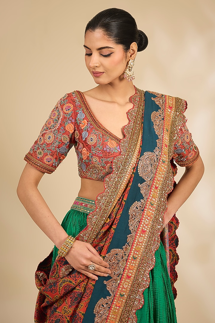 Green Chanderi Crushed Skirt Reception Saree Set by Debyani at Pernia's Pop Up Shop