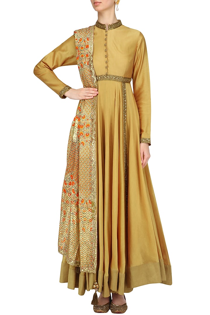 Almond beige sequins embroidered kalidaar kurta set available only at Pernia's Pop Up Shop.