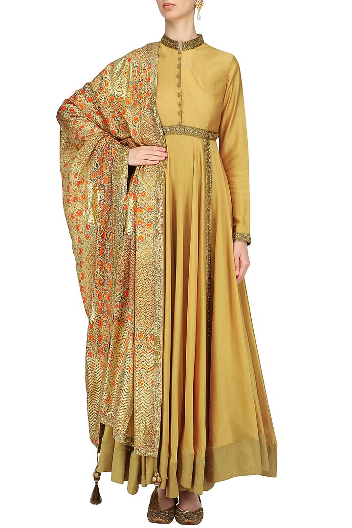 Almond beige sequins embroidered kalidaar kurta set available only at Pernia's Pop Up Shop.