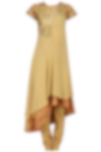 Beige high low orange print tier kurta and churidaar set available only at Pernia's Pop Up Shop.
