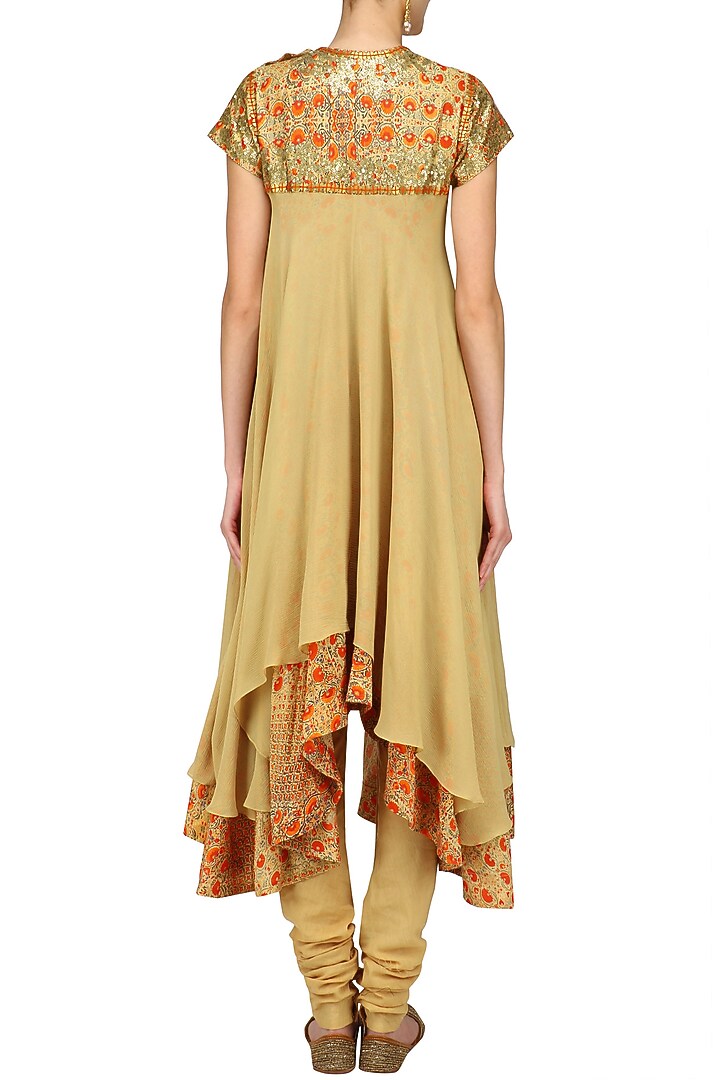 Beige high low orange print tier kurta and churidaar set available only at Pernia's Pop Up Shop.