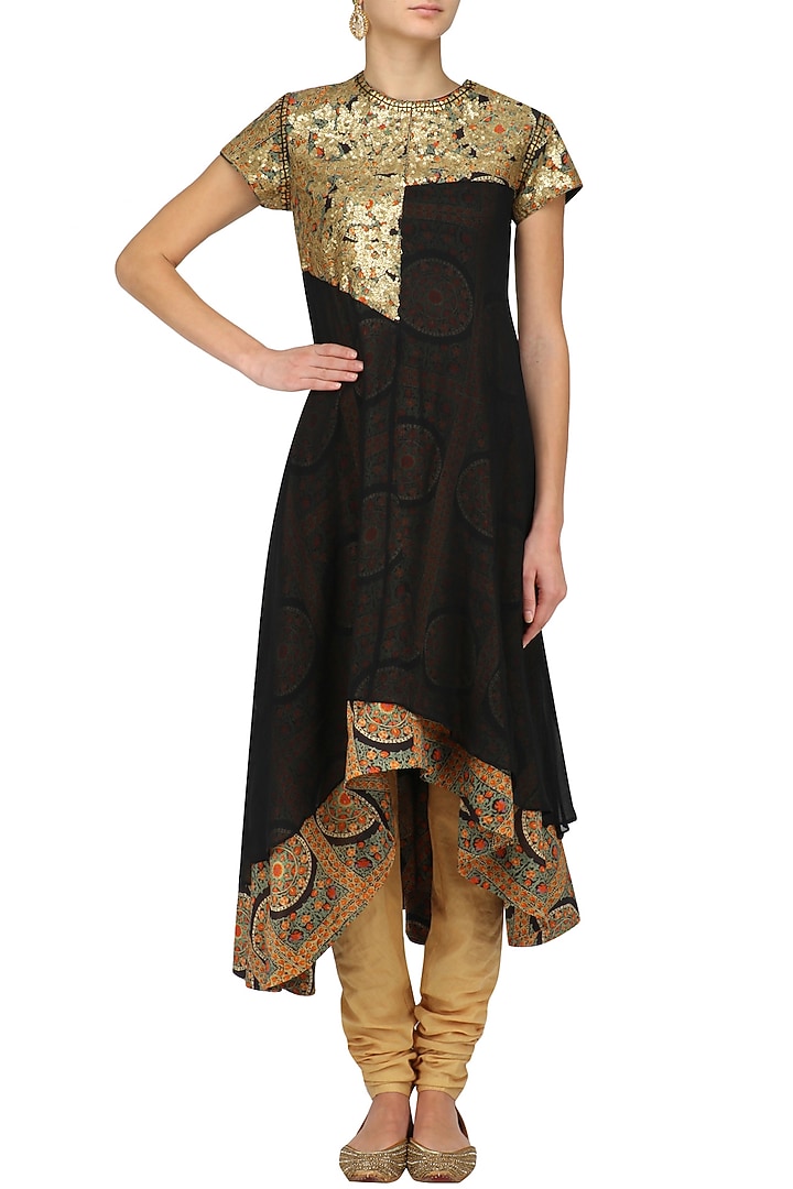 Black high low chakri print tier kurta and churidaar set available only at Pernia's Pop Up Shop.