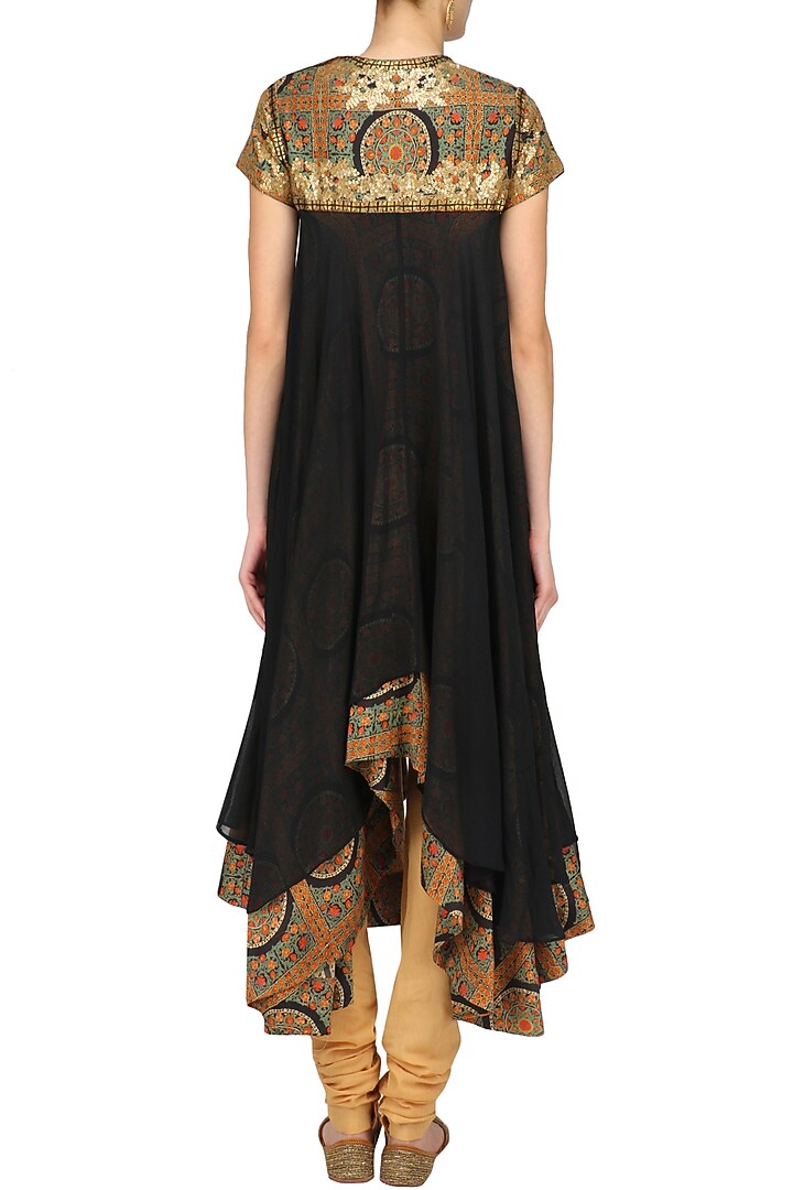 Black high low chakri print tier kurta and churidaar set available only at Pernia's Pop Up Shop.