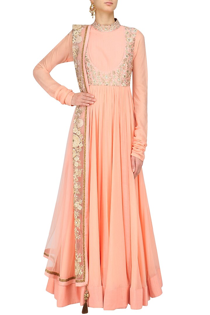 Pale pink sequins and aari embroidered kalidaar anarkali set available only at Pernia's Pop Up Shop.