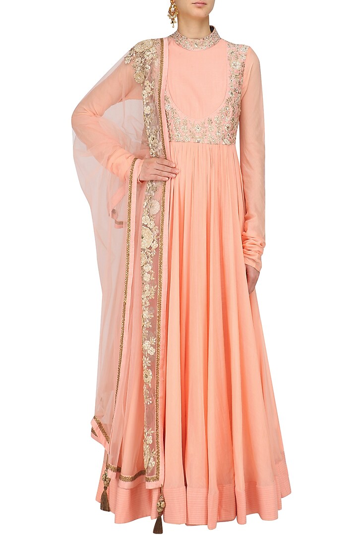 Pale pink sequins and aari embroidered kalidaar anarkali set available only at Pernia's Pop Up Shop.