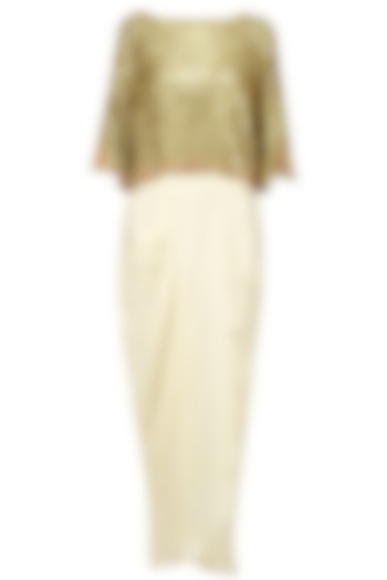 Golden Sequins Embroidered Kaftan Top and Ivory Dhoti Skirt Set by Debyani