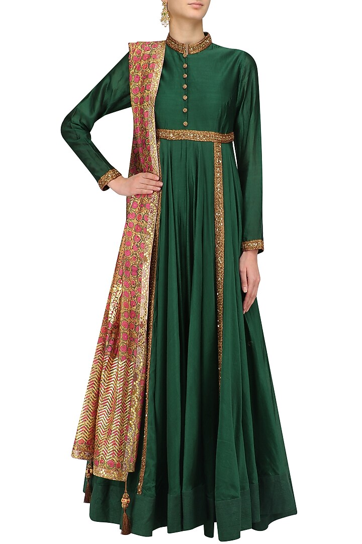 Forest green sequins embroidered kalidaar kurta set available only at Pernia's Pop Up Shop.