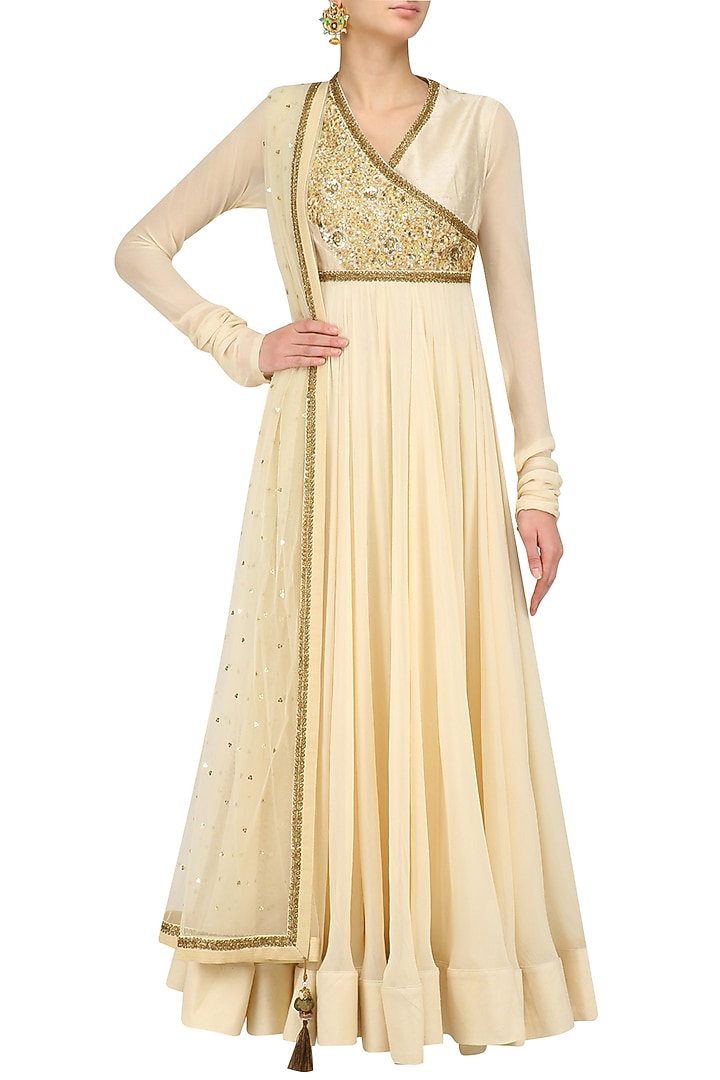 Ivory sequins embroidered anarkali set available only at Pernia's Pop Up Shop.