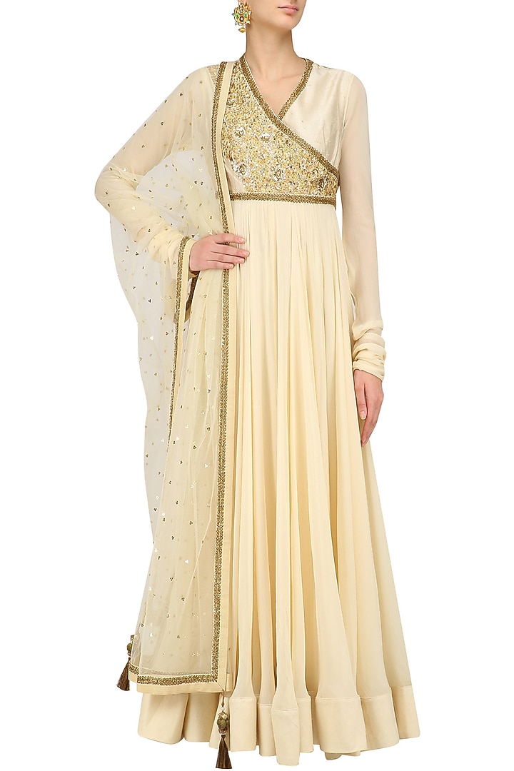 Ivory sequins embroidered anarkali set available only at Pernia's Pop Up Shop.