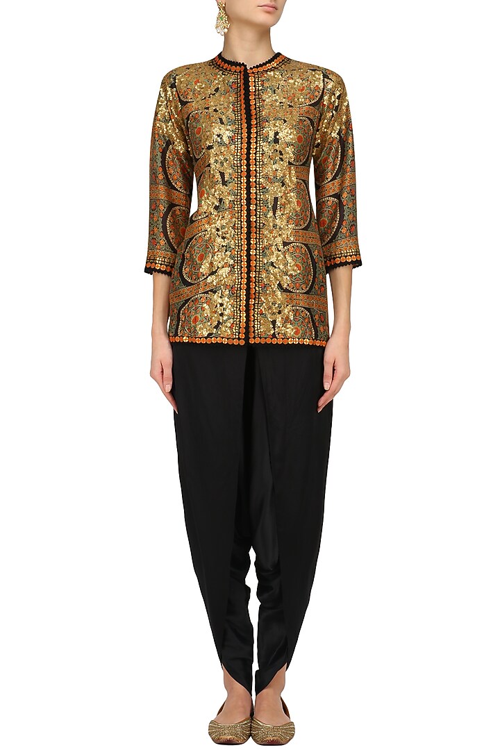 Black chakri printed trail jacket and dhoti pants set available only at Pernia's Pop Up Shop.