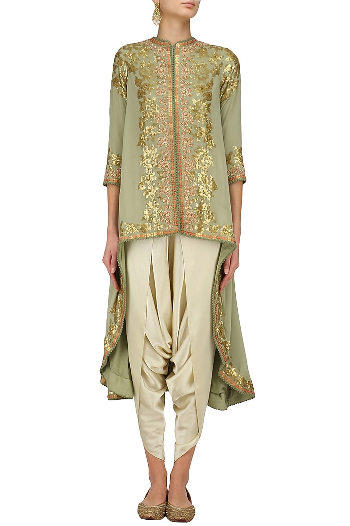 Sea green sequins embroidered trail jacket and ivory dhoti pants set available only at Pernia's Pop Up Shop.