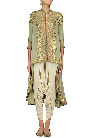 Sea Green Sequins Embroidered Trail Jacket and Ivory Dhoti Pants Set by Debyani