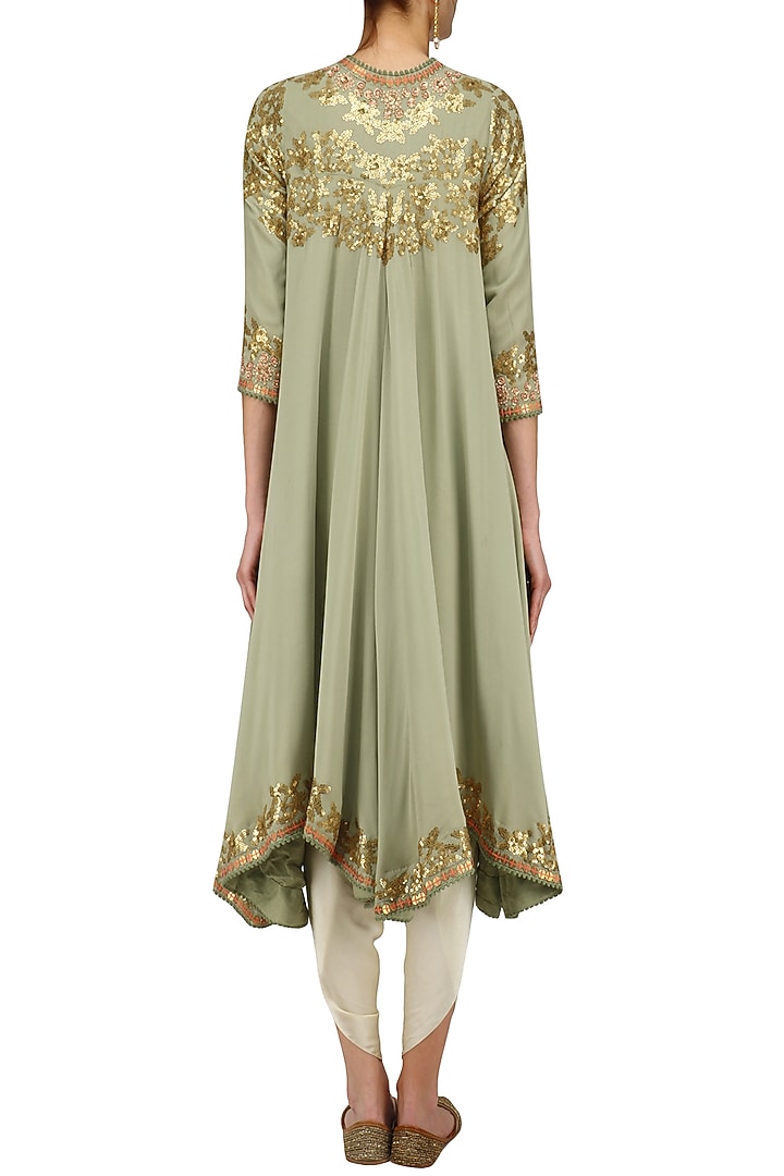 Sea green sequins embroidered trail jacket and ivory dhoti pants set available only at Pernia's Pop Up Shop.