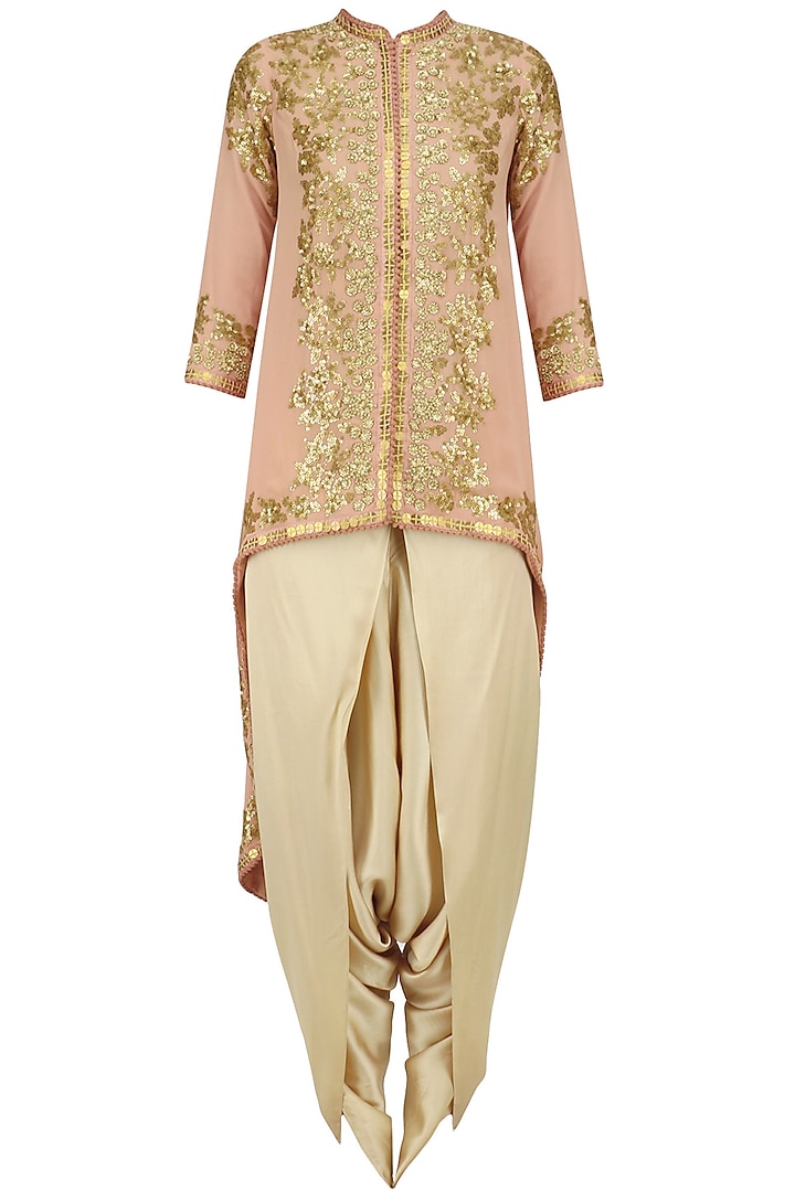 Pale Pink Sequins Embroidered Trail Jacket and Beige Dhoti Pants Set by Debyani