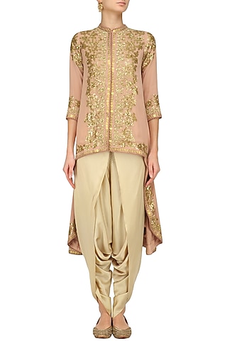 Pale Pink Sequins Embroidered Trail Jacket and Beige Dhoti Pants Set by Debyani