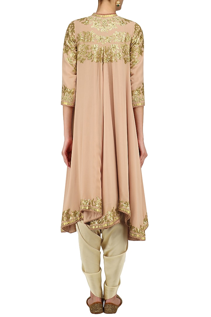 Pale pink sequins embroidered trail jacket and beige dhoti pants set available only at Pernia's Pop Up Shop.