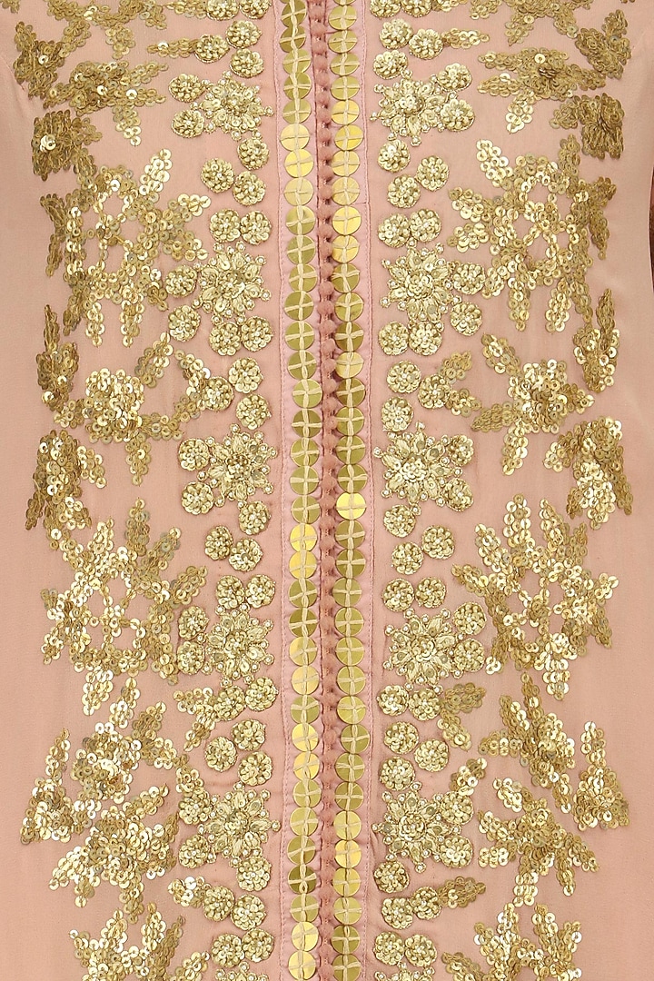 Pale pink sequins embroidered trail jacket and beige dhoti pants set available only at Pernia's Pop Up Shop.