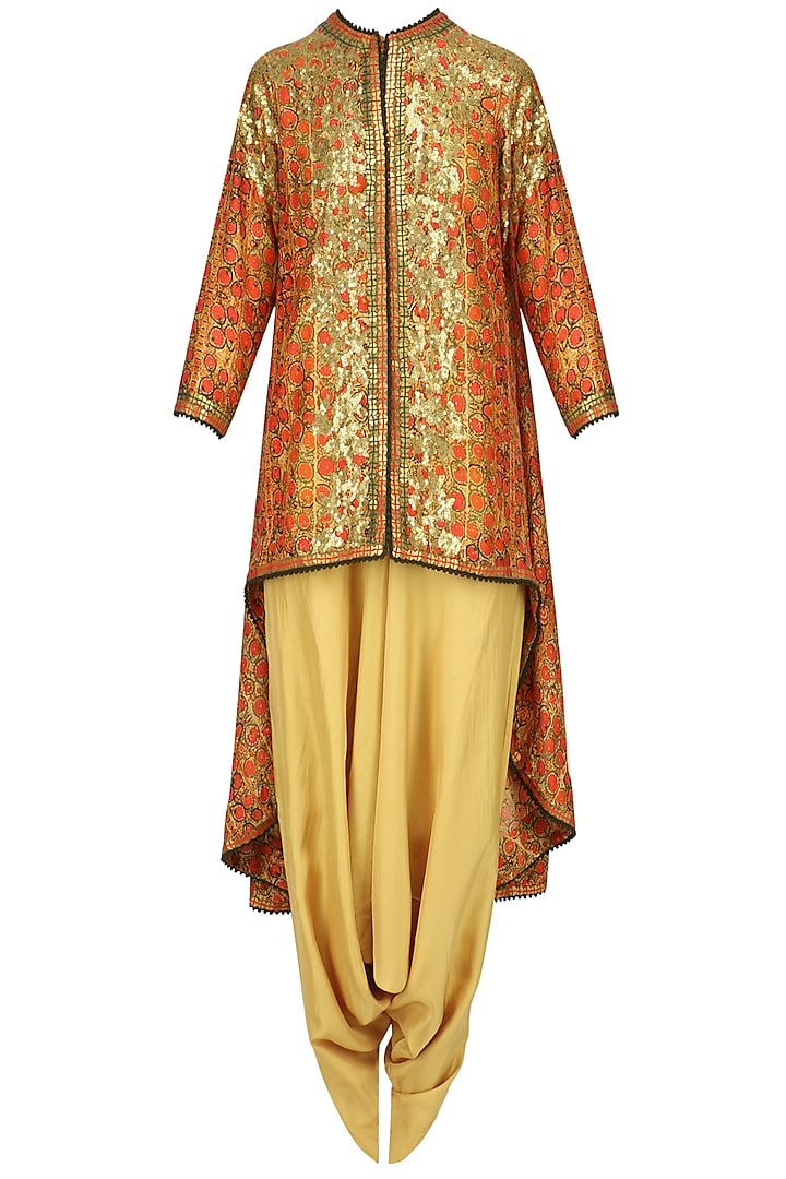 Orange Sequins Embroidered Trail Jacket and Beige Dhoti Pants Set by Debyani