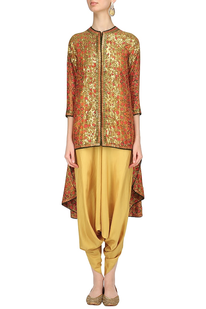 Orange sequins embroidered trail jacket and beige dhoti pants set available only at Pernia's Pop Up Shop.