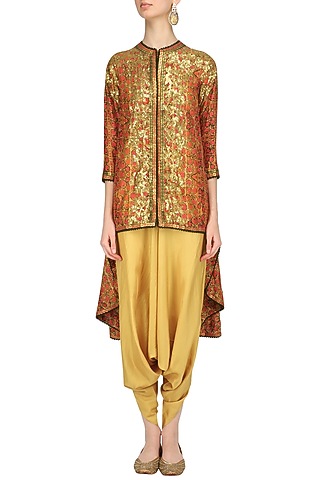 Orange Sequins Embroidered Trail Jacket and Beige Dhoti Pants Set by Debyani