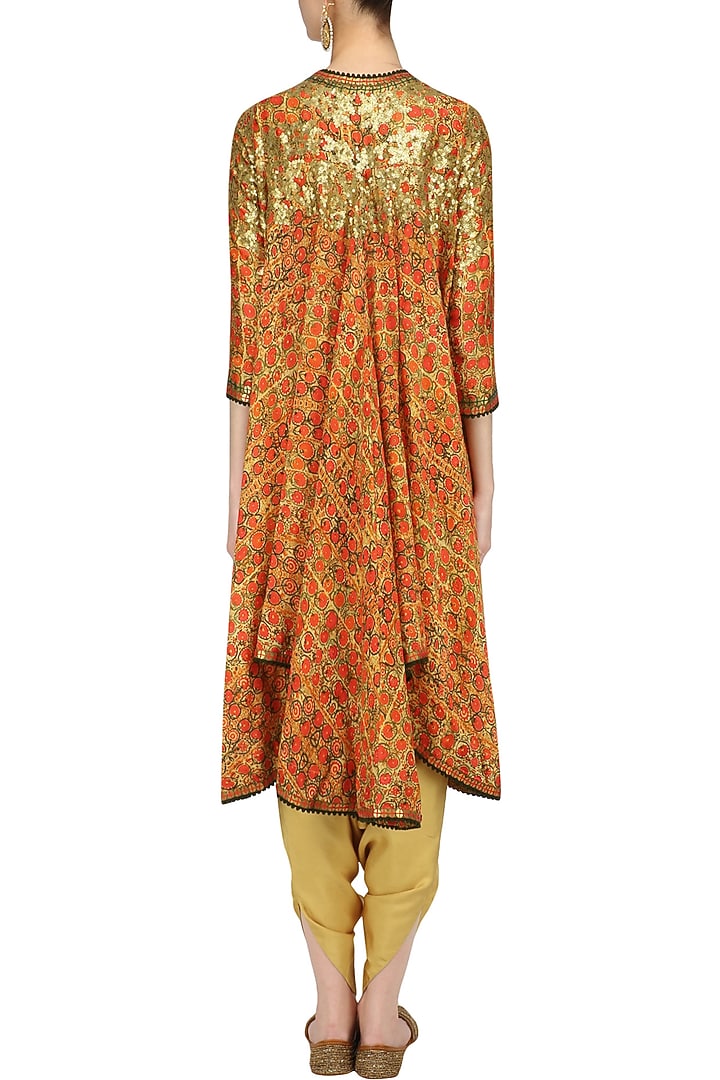 Orange sequins embroidered trail jacket and beige dhoti pants set available only at Pernia's Pop Up Shop.