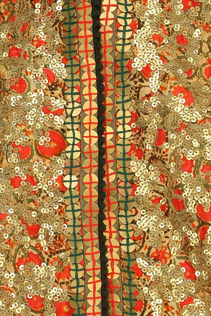Orange sequins embroidered trail jacket and beige dhoti pants set available only at Pernia's Pop Up Shop.