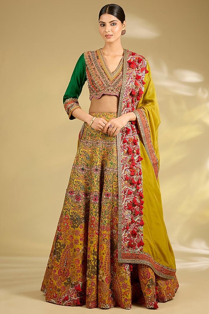 Mustard & Green Silk Embroidered Bridal Lehenga Set by Debyani at Pernia's Pop Up Shop