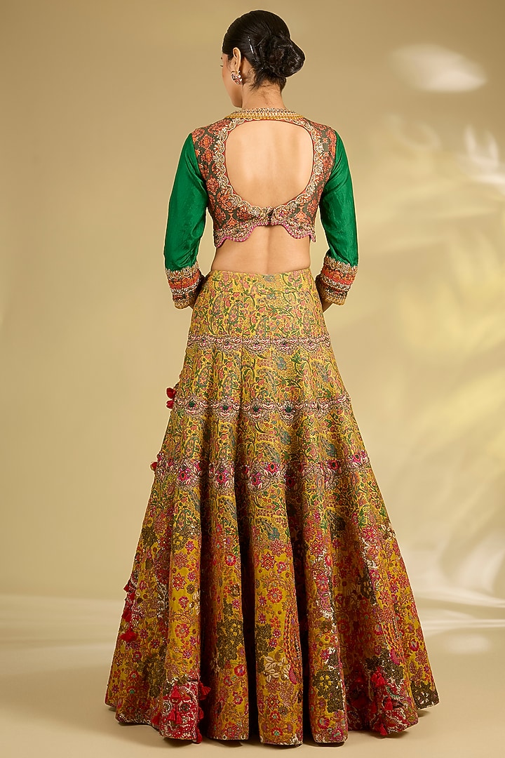 Mustard & Green Silk Embroidered Bridal Lehenga Set by Debyani at Pernia's Pop Up Shop