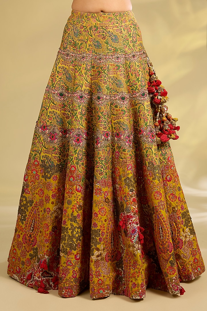 Mustard & Green Silk Embroidered Bridal Lehenga Set by Debyani at Pernia's Pop Up Shop
