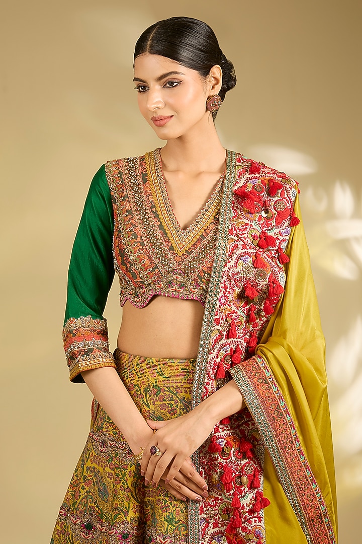 Mustard & Green Silk Embroidered Bridal Lehenga Set by Debyani at Pernia's Pop Up Shop