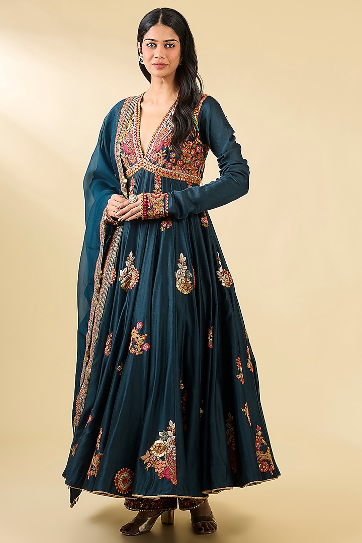 Navy Blue Silk Hand & Machine Embroidered Kalidar Anarkali Set by Debyani at Pernia's Pop Up Shop