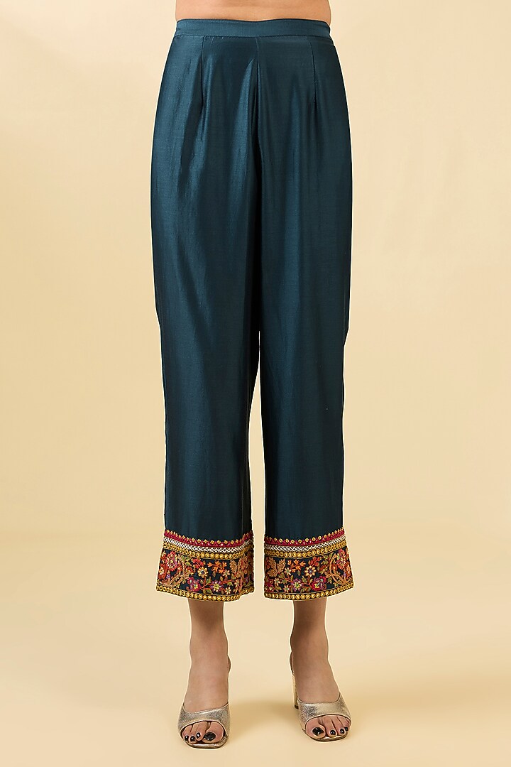 Navy Blue Silk Hand & Machine Embroidered Kalidar Bridal Anarkali Set by Debyani at Pernia's Pop Up Shop