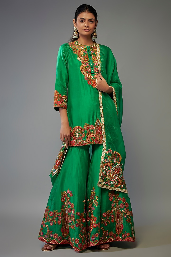Green Silk Sharara Set by Debyani