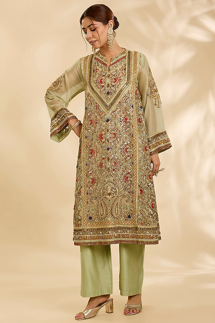 Pista Green Organza Hand & Machine Embroidered Choga Kurta Set by Debyani at Pernia's Pop Up Shop