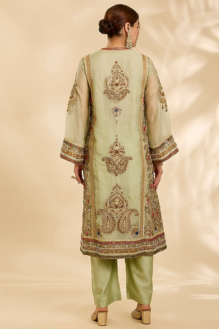 Pista Green Organza Hand & Machine Embroidered Choga Kurta Set by Debyani at Pernia's Pop Up Shop